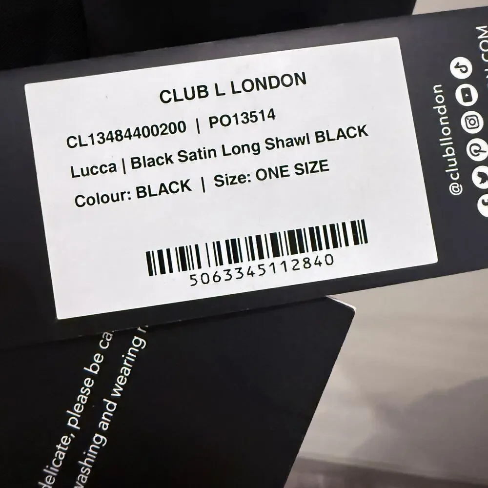 Club L London Lucca Black Satin Long Shawl Scarf Black Wedding Cocktail Elegant